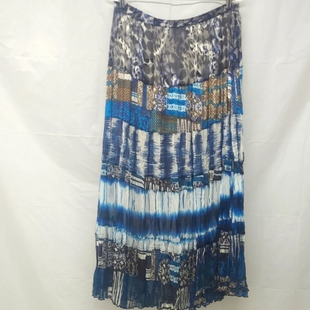 Patchwork Maxi Skirt Crinkled Chiffon Blue Brown Tiered Lined Chico’s Size 1 / 8